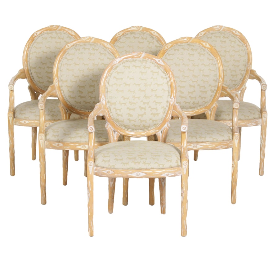 Six Custom Oval Back Open Armchairs with Tree Branch Carving, 21st Century