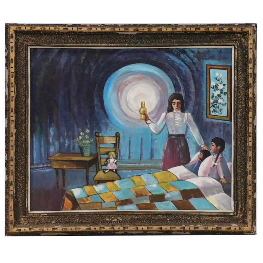 Modernist Genre Oil Painting of Bedtime Scene, Mid to Late 20th Century