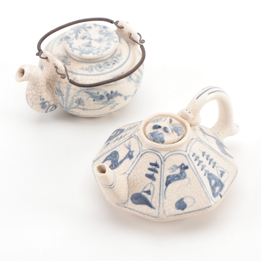 Miniature Octagonal and Other Hand-Painted Blue and White Teapots, 20th Century