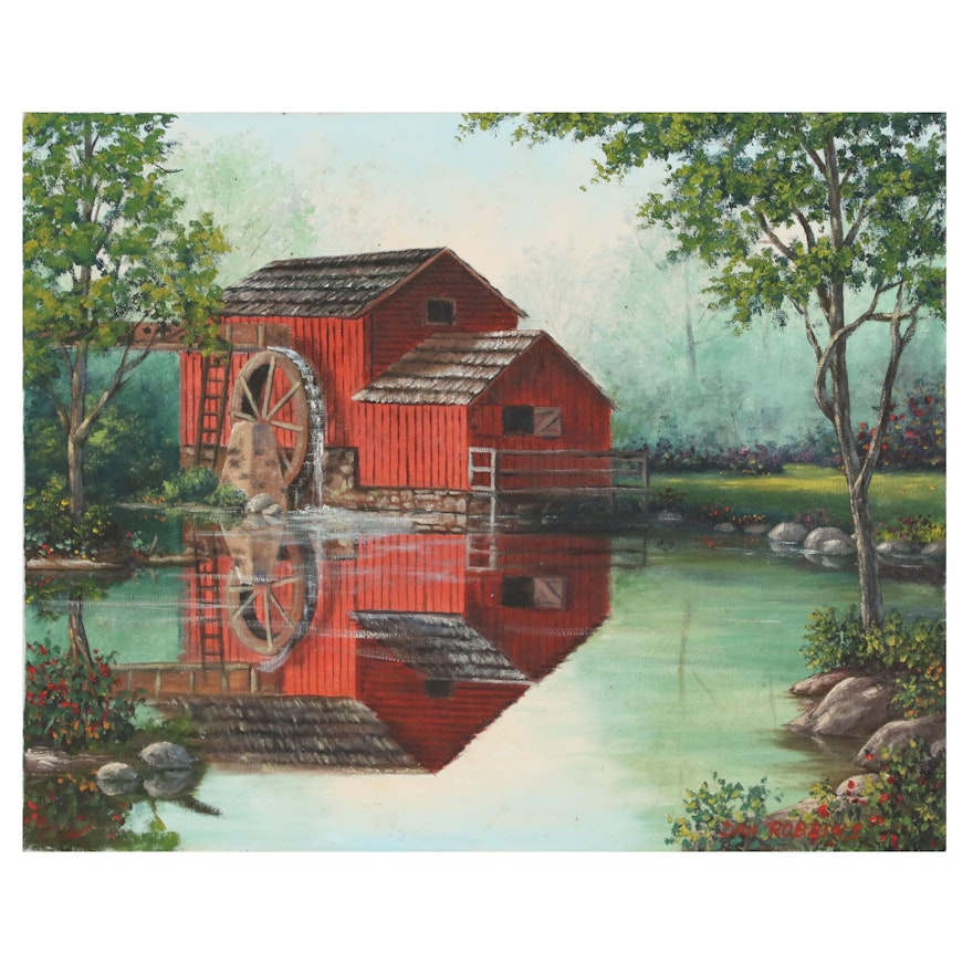 Oil Painting of Red Barn on a River, Late 20th Century