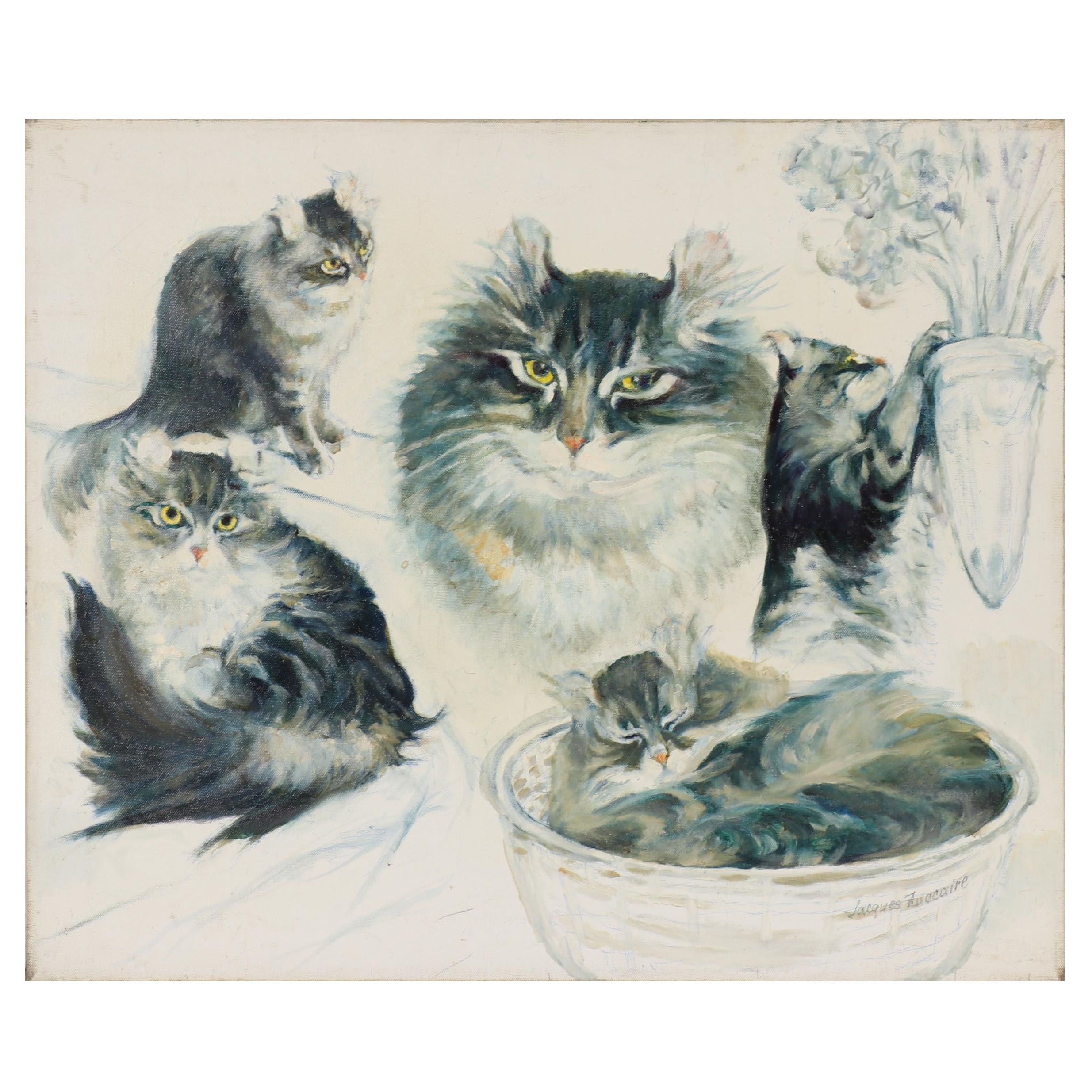 Jacques Zuccaire Oil Study of Cats, Late 20th Century