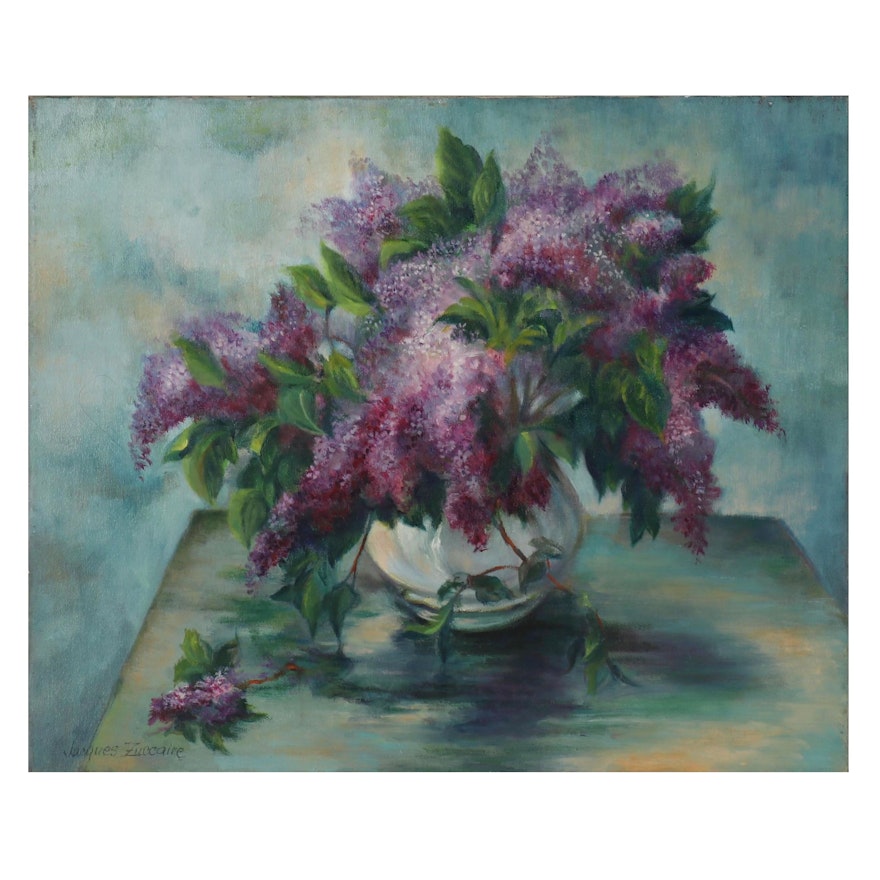 Jacques Zuccaire Still Life Oil Painting with Lilacs, Late 20th Century