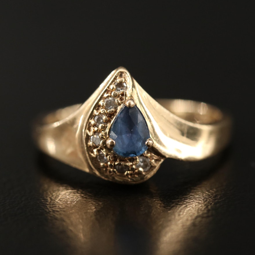 14K Pear Faceted Sapphire and Diamond Ring