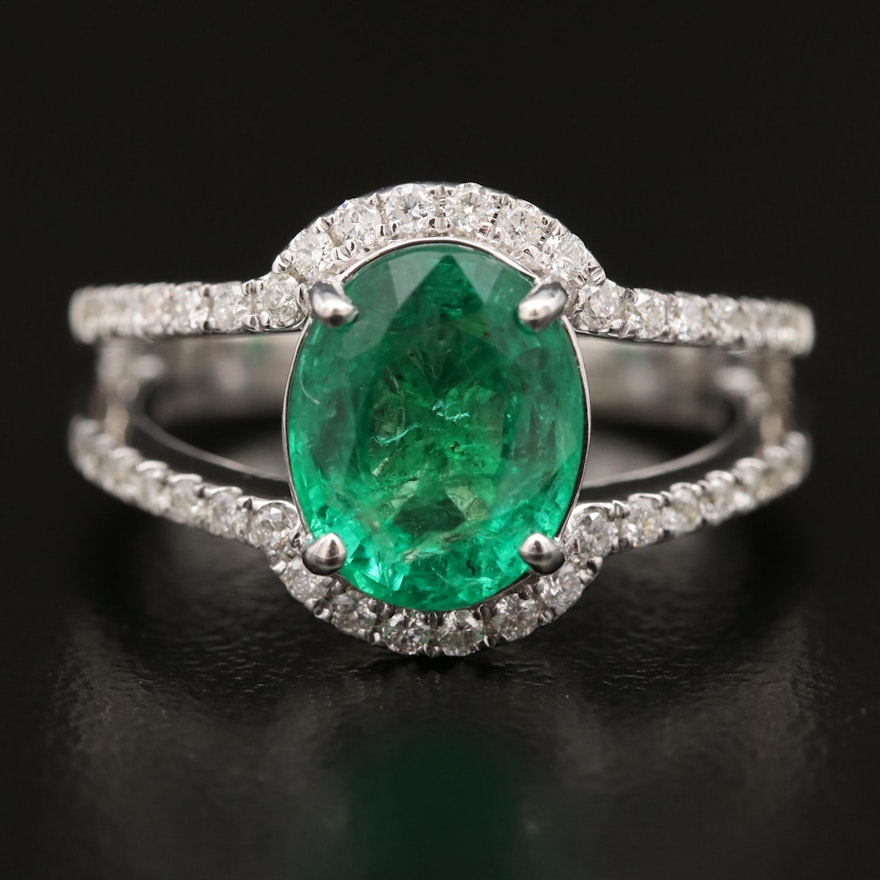14K Emerald and Diamond Split Shank Ring