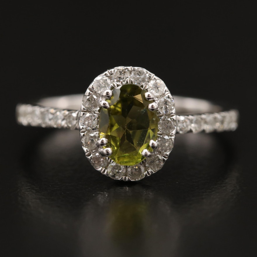 Sterling Silver Peridot Ring with Diamond Halo