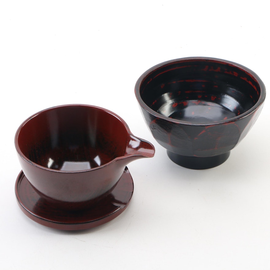 Japanese Lacquerware Rice Bowl and Matcha Tea Bowl with Serving Spout