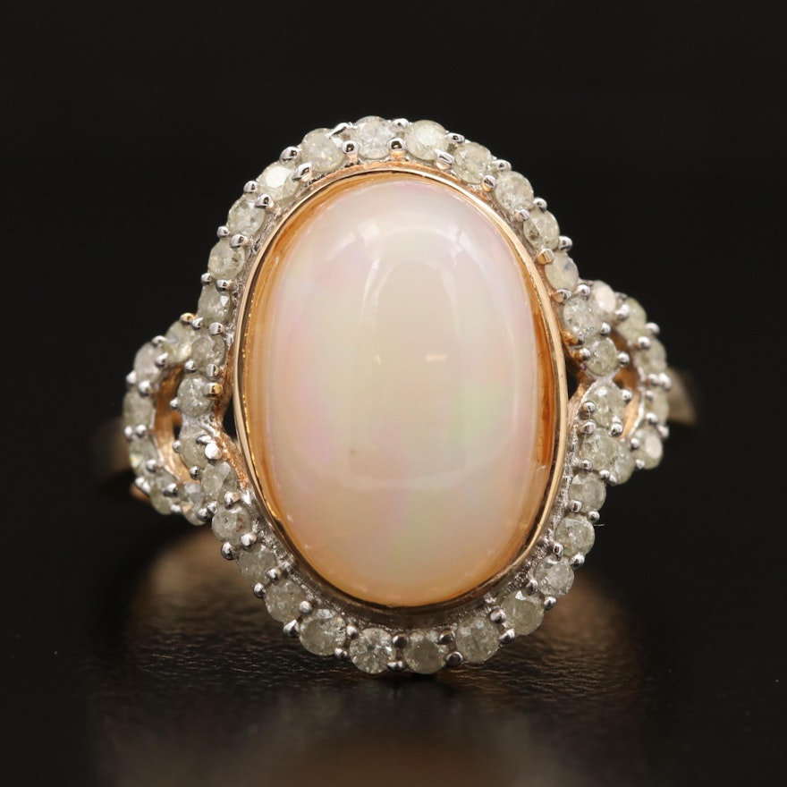 Sterling Oval Opal Cabochon and Diamond Halo Ring