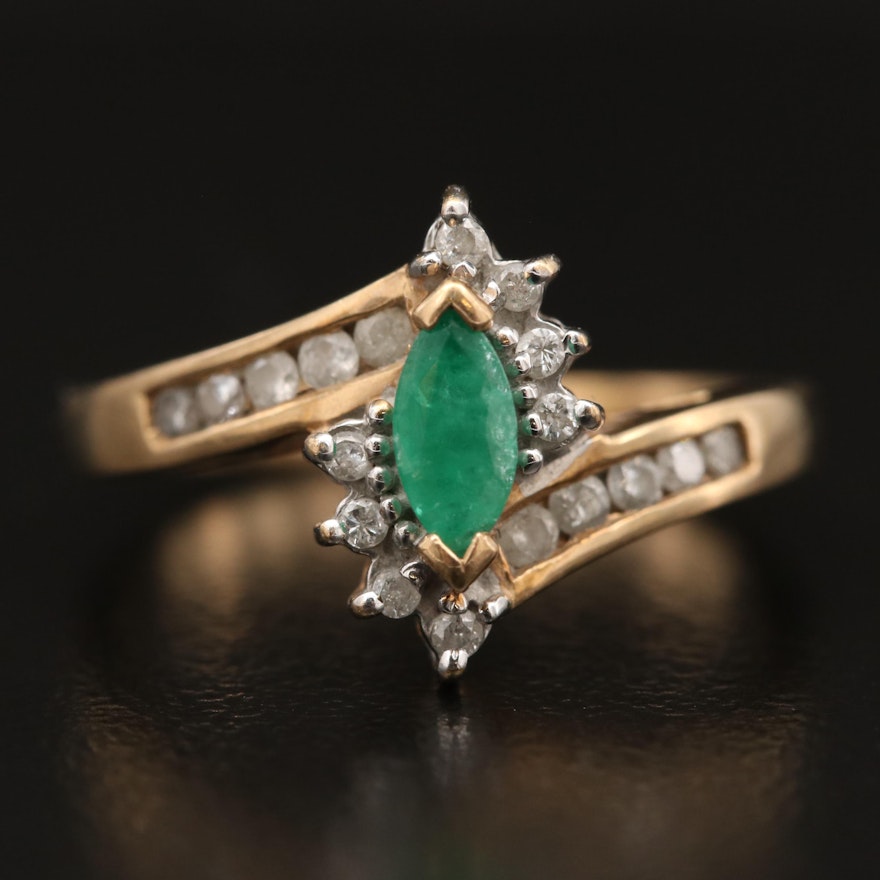 10K Emerald and Diamond Navette Ring