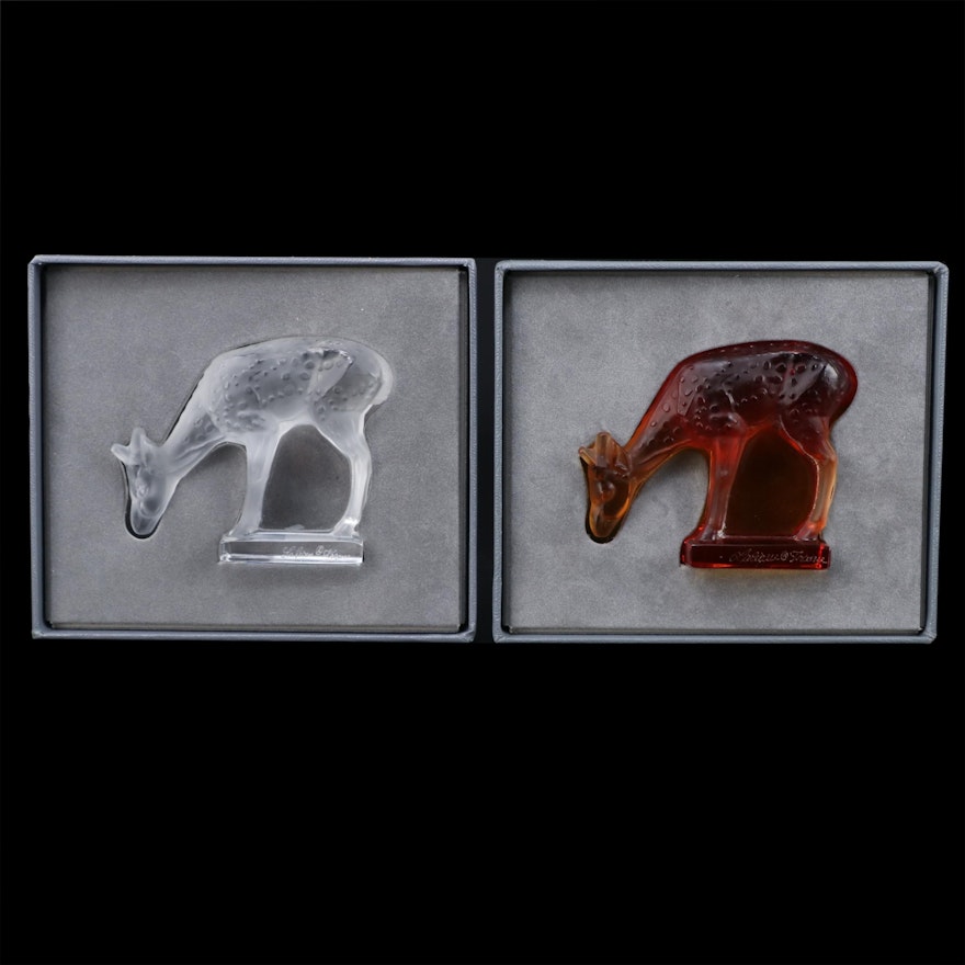 Lalique "Fawn" Clear and Smoke Crystal Paperweight Figurines