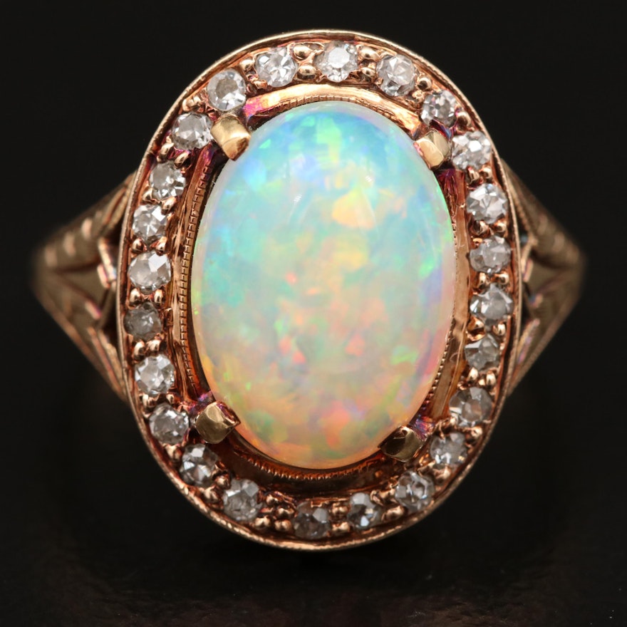 14K Opal Ring with Diamond Halo