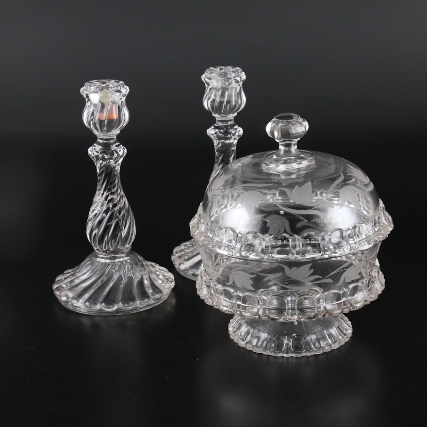 Pair of Pressed Glass Candlesticks with Etched Glass Covered Bowl, Mid-20th C