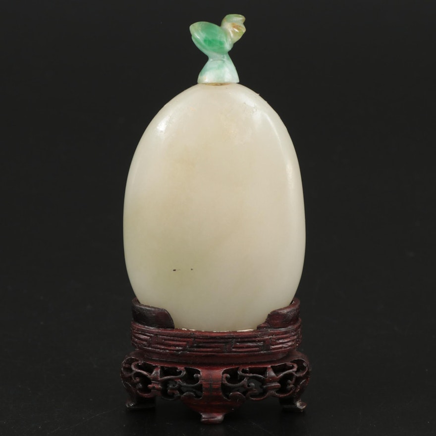 Chinese Carved Pale Green Nephrite Snuff Bottle with Jadeite Stopper