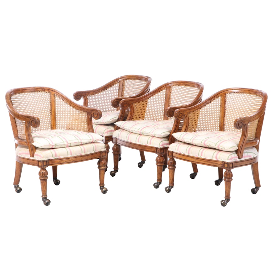 Four Kindel Furniture Caned and Upholstered Oak Tub Chairs, Late 20th Century