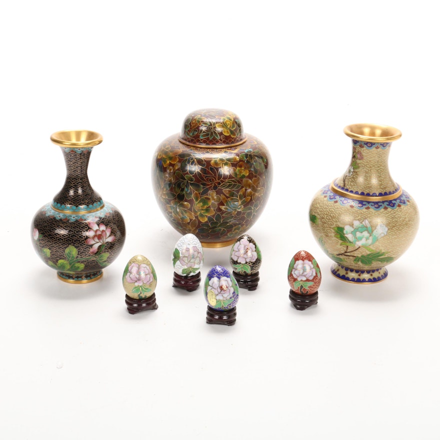 Chinese Cloisonné Vases, Ginger Jar and Miniature Eggs