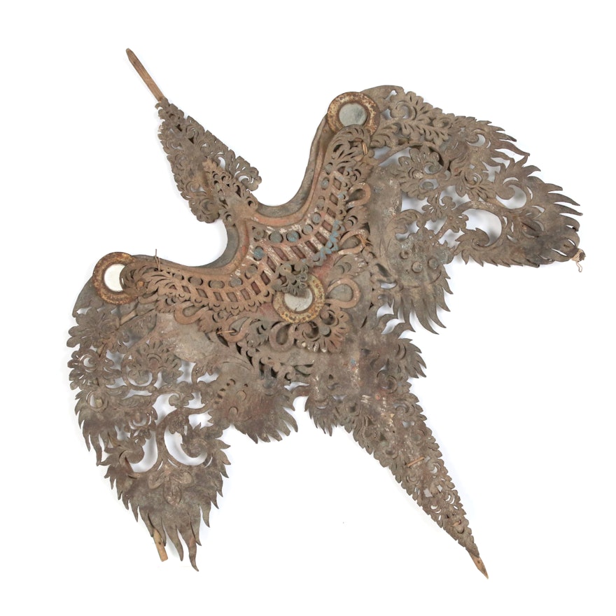 Balinese Pierced Hide Bird-Shaped Decorative Element with Mirror Inserts