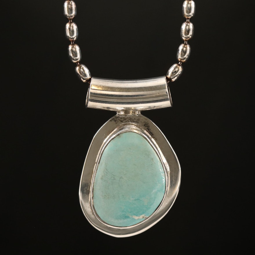 Sterling Freeform Turquoise Pendant on Bead Chain Necklace