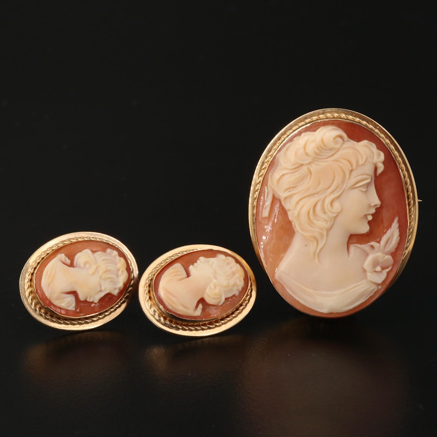 Vintage Shell Cameo Converter Brooch and Earrings Featuring VanDell