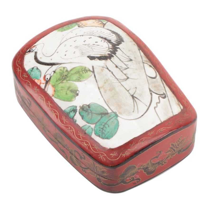 Chinese Lacquerware and Porcelain Shard Box, Mid to Late 20th Century