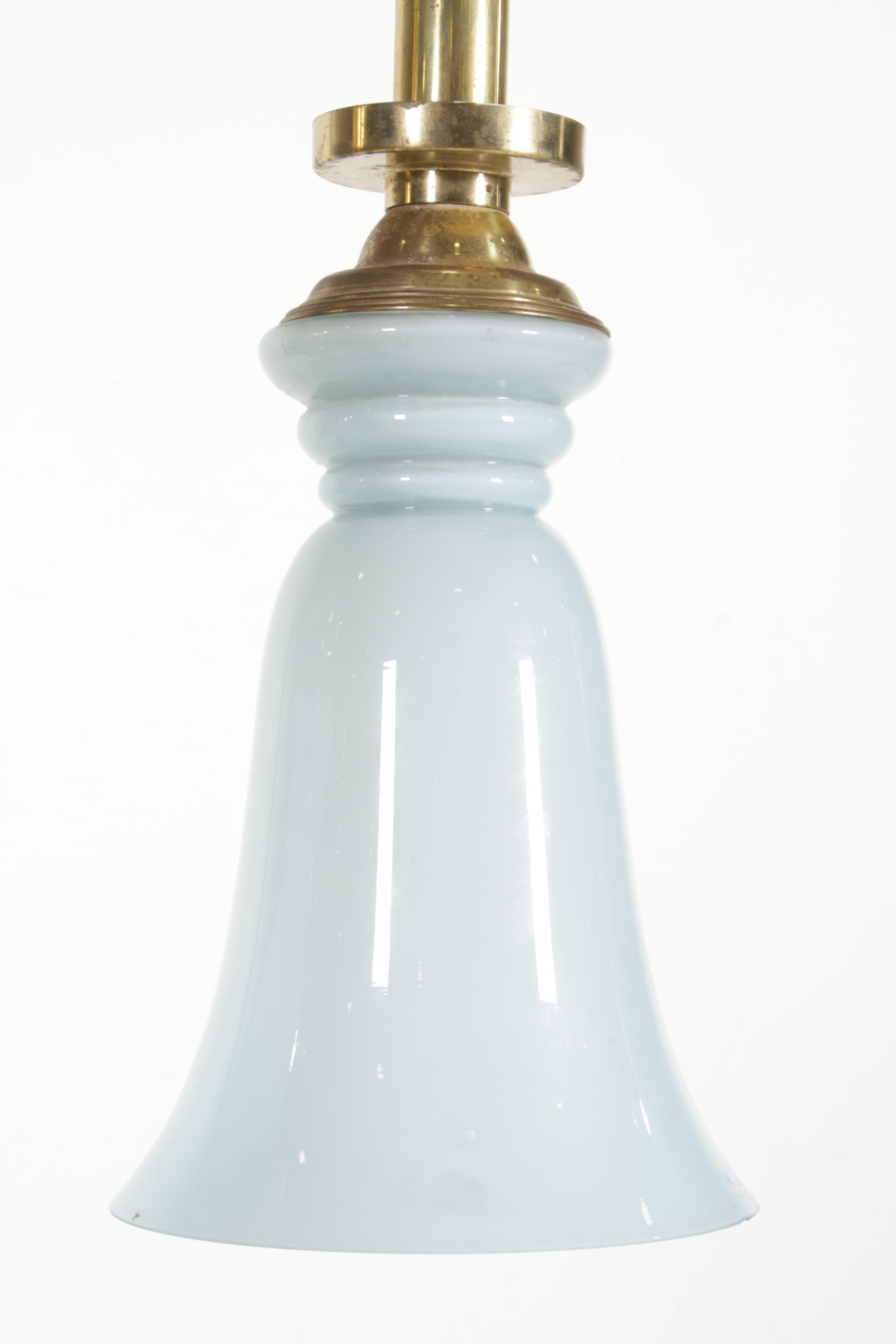 D'Lights Pair of Blue Opaline Glass and Brass Pendant Lights, Mid to Late 20th C