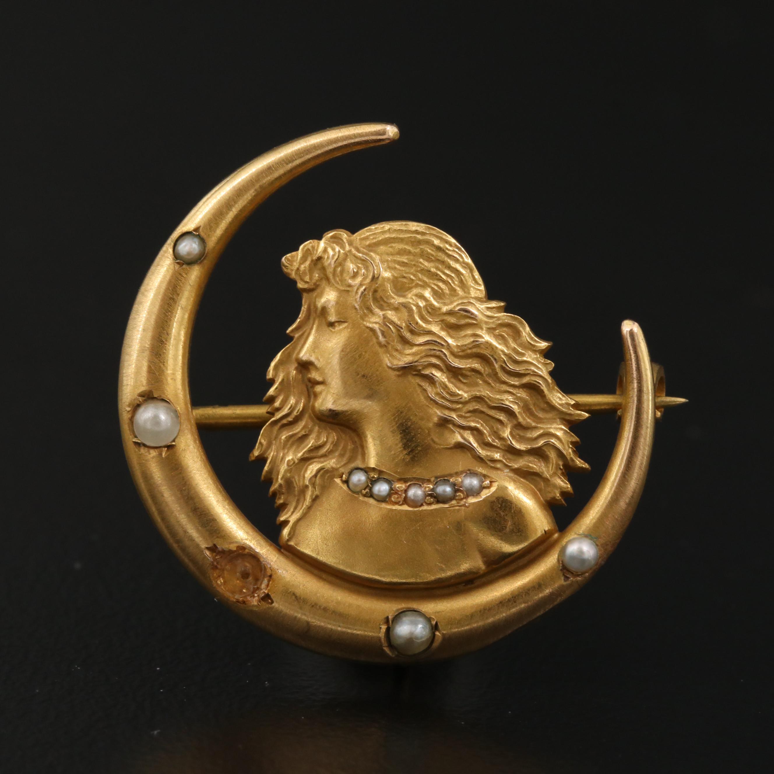Art Nouveau 10K Pearl Brooch with Watch Clip