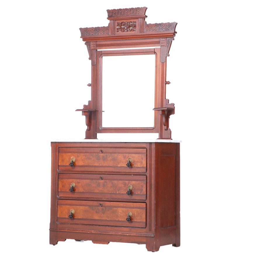 Victorian, Eastlake Style Walnut and Marble Dresser with Mirror, Late 19th C.