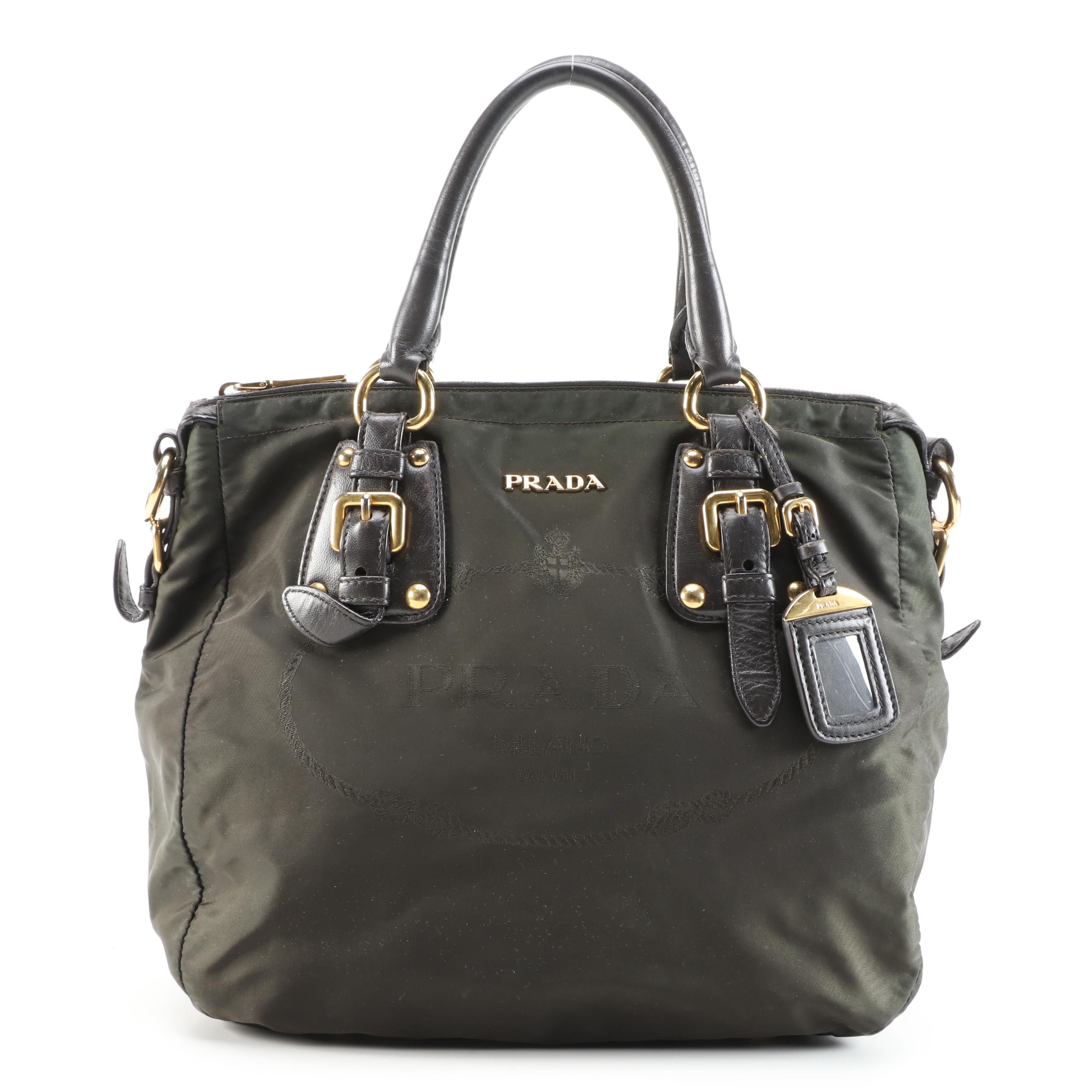 Prada Olive Green Canapa Nylon Handbag with Leather Trim