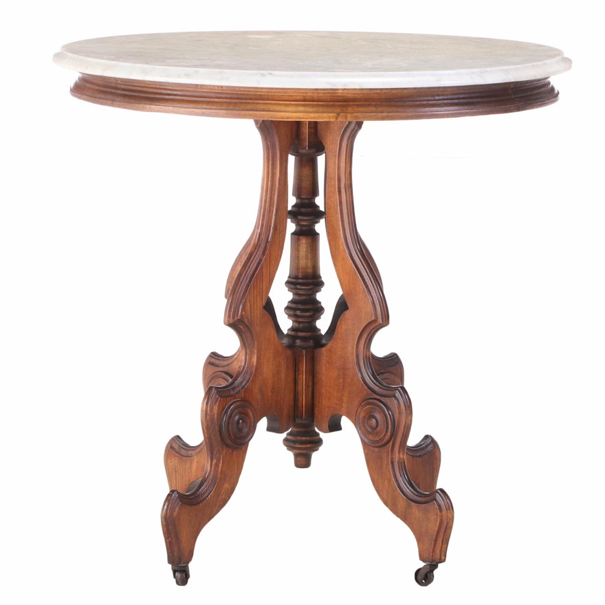 Victorian Marble Top Walnut Center Table, Late 19th Century