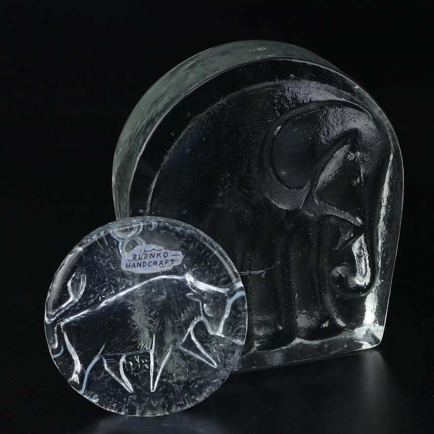 Blenko Glass Elephant Bookend and Bull Paperweight