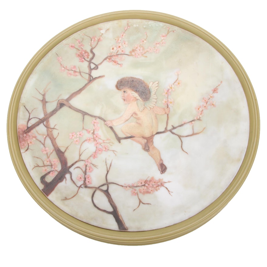 Hand-Painted Alabaster Wall Plate with Cherub on Cherry Blossom Tree