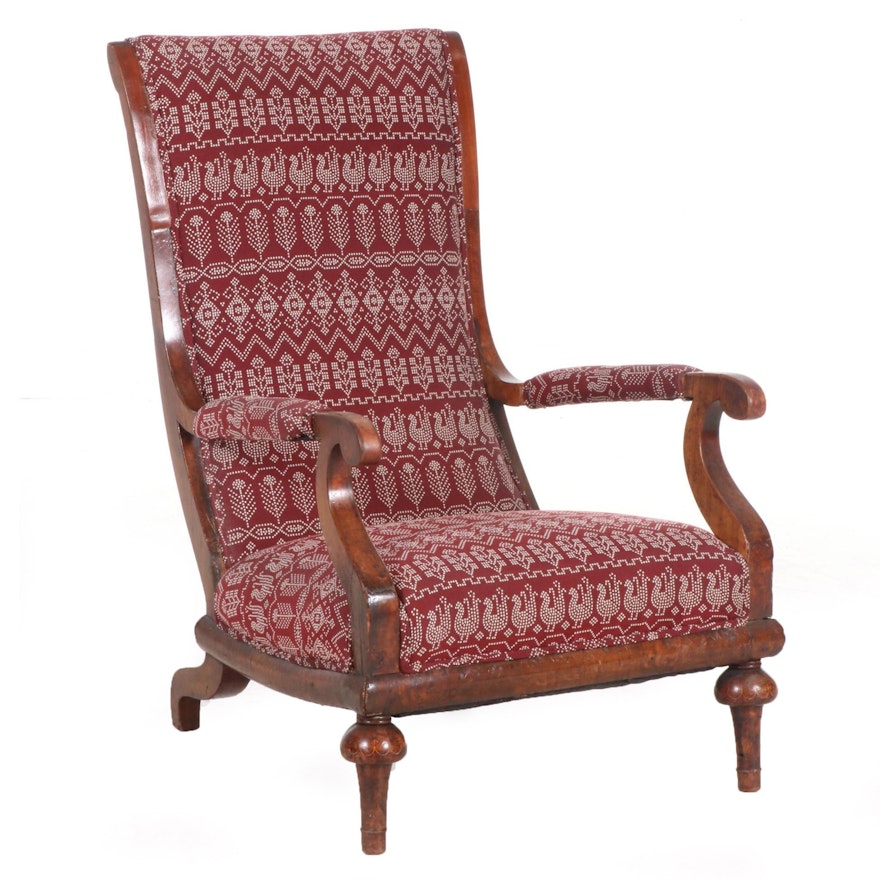 William & Mary Style Burl Wood Upholstered Armchair, Early 20th Century