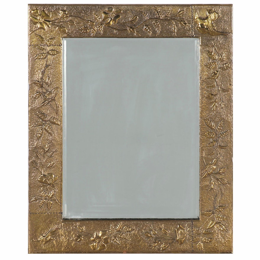 Brass Tone Repousse Wall Mirror with Foliate Motif