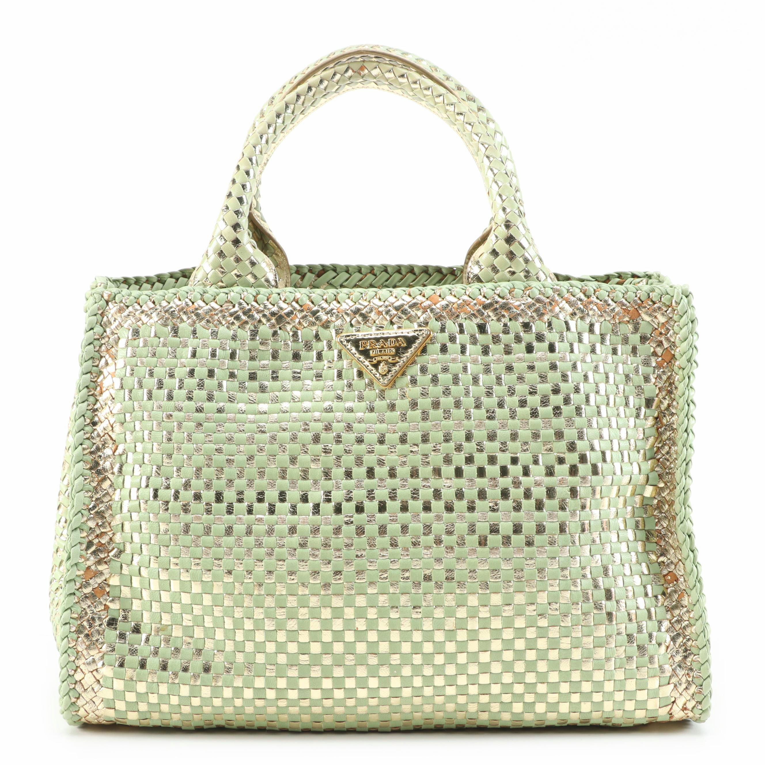 Prada Light Green and Metallic Gold Woven Leather Small Two-Way Tote