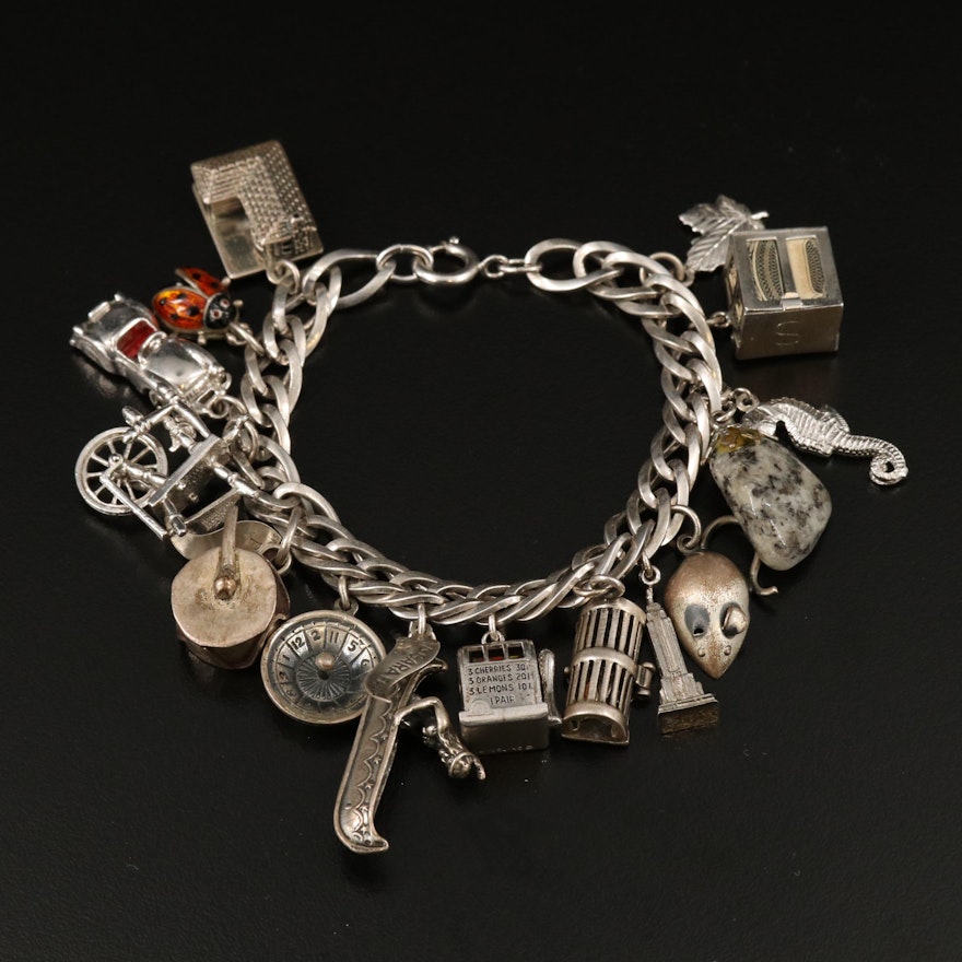 Sterling Charm Bracelet with Articulating Slot Machine and Lobster Trap Charm