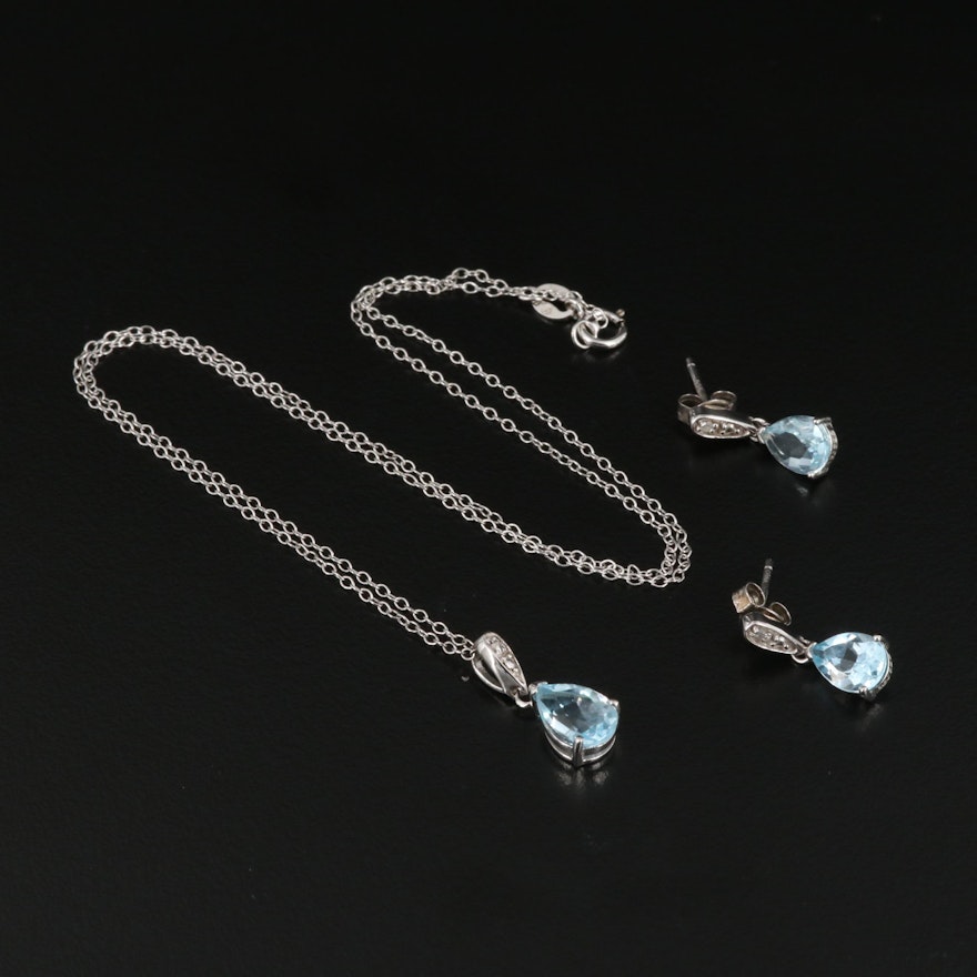 Sterling Silver Topaz and Diamond Teardrop Earrings and Pendant Necklace