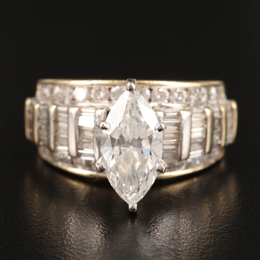 14K 4.37 CTW Diamond Ring Featuring Marquise Shaped Center with GIA Report