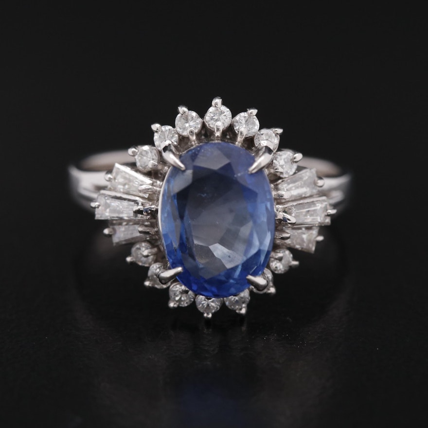 Platinum 3.70 CT Sapphire Ring with Diamond Halo and GIA Report