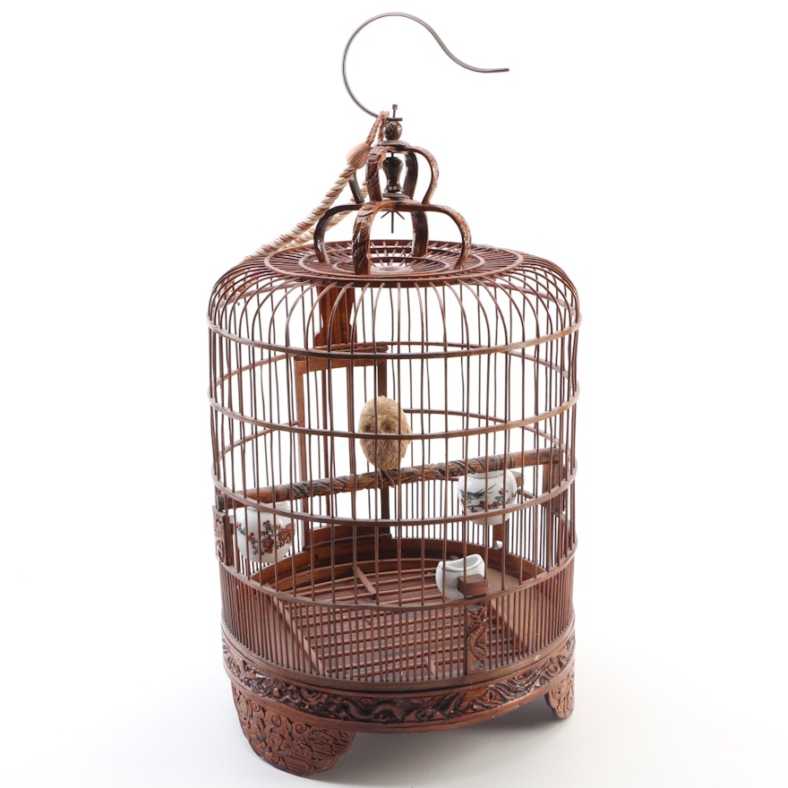 Chinese Decorative Wooden Bird Cage with Snow Owl and Ceramic Feeders