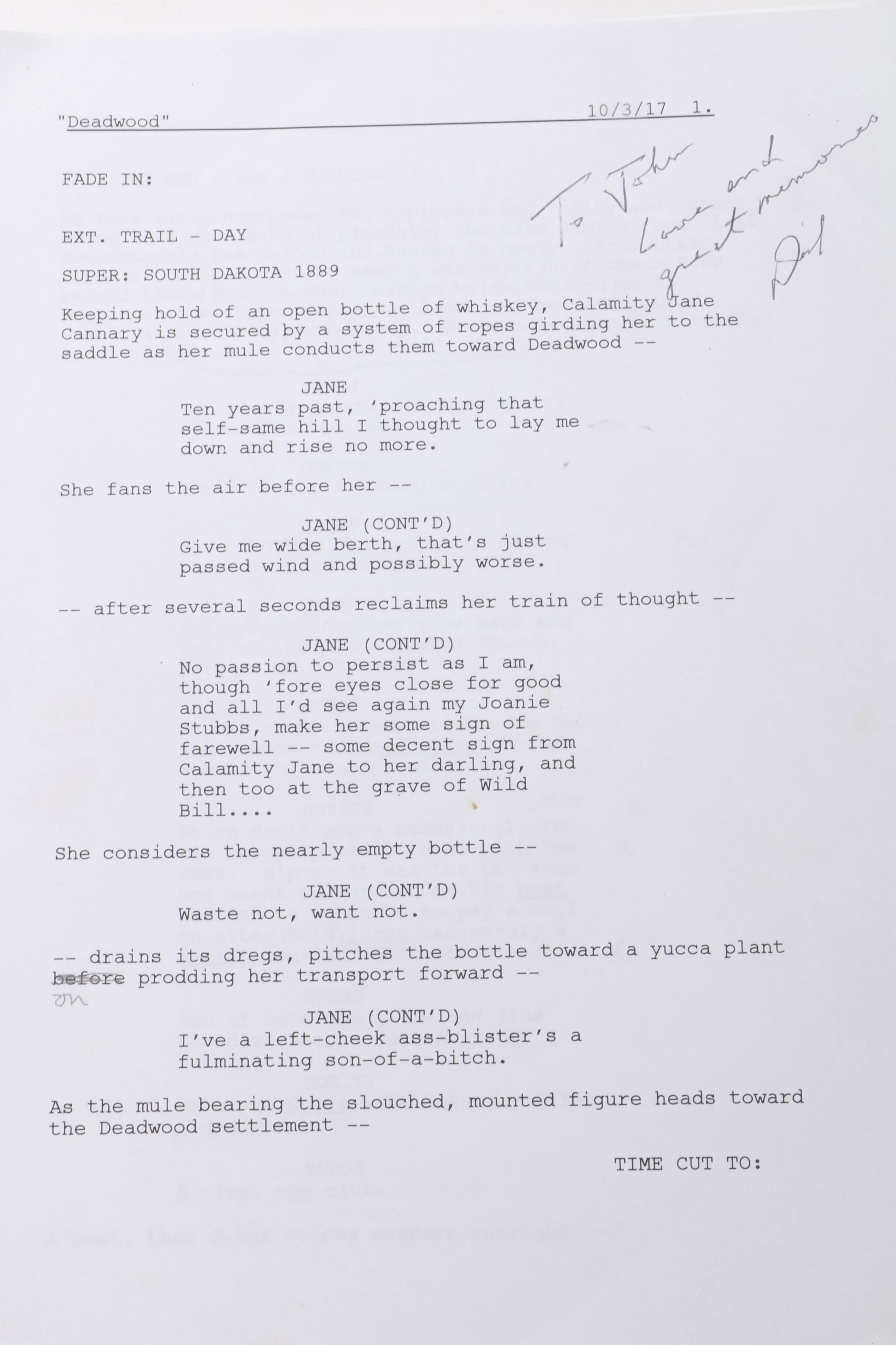 David Milch Signed and Personalized "Deadwood" Script