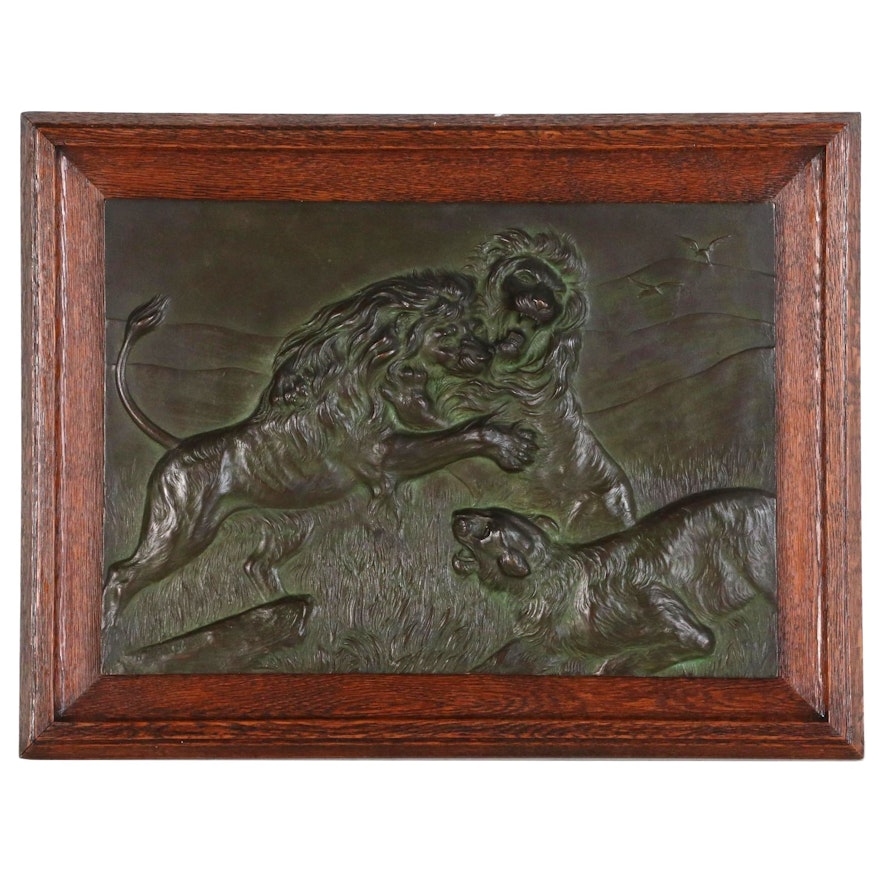 H. Dieckmann Bronze Plaque Relief Sculpture of Lions, Early 20th Century