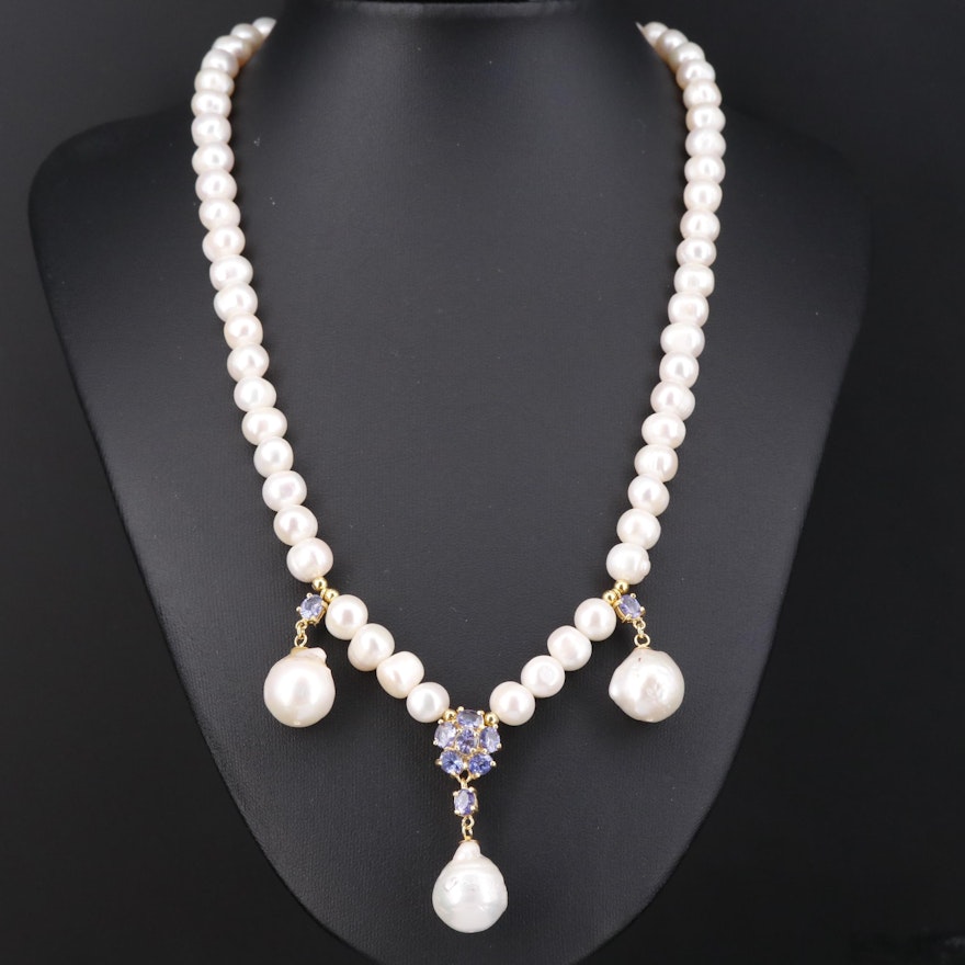 Sterling Pearl and Tanzanite Drop Necklace