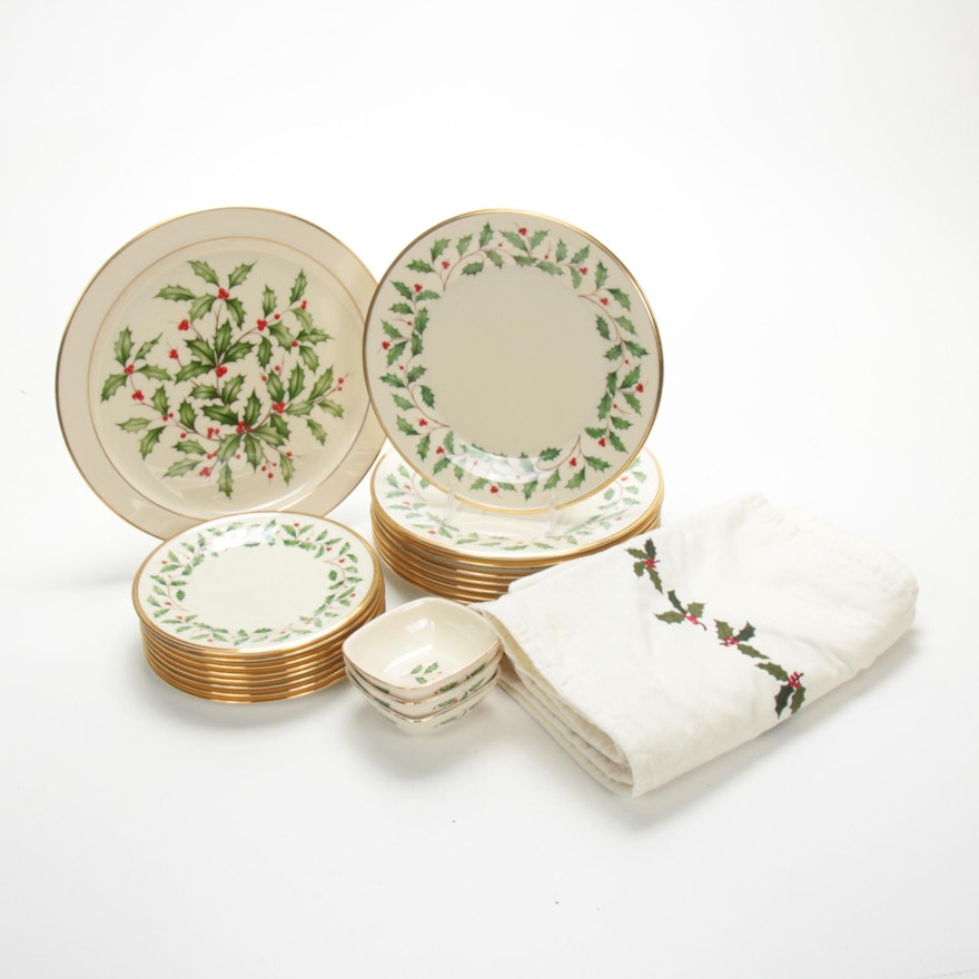 Lenox "Holiday" and Other Holly & Berry Gilt Trim Dinnerware