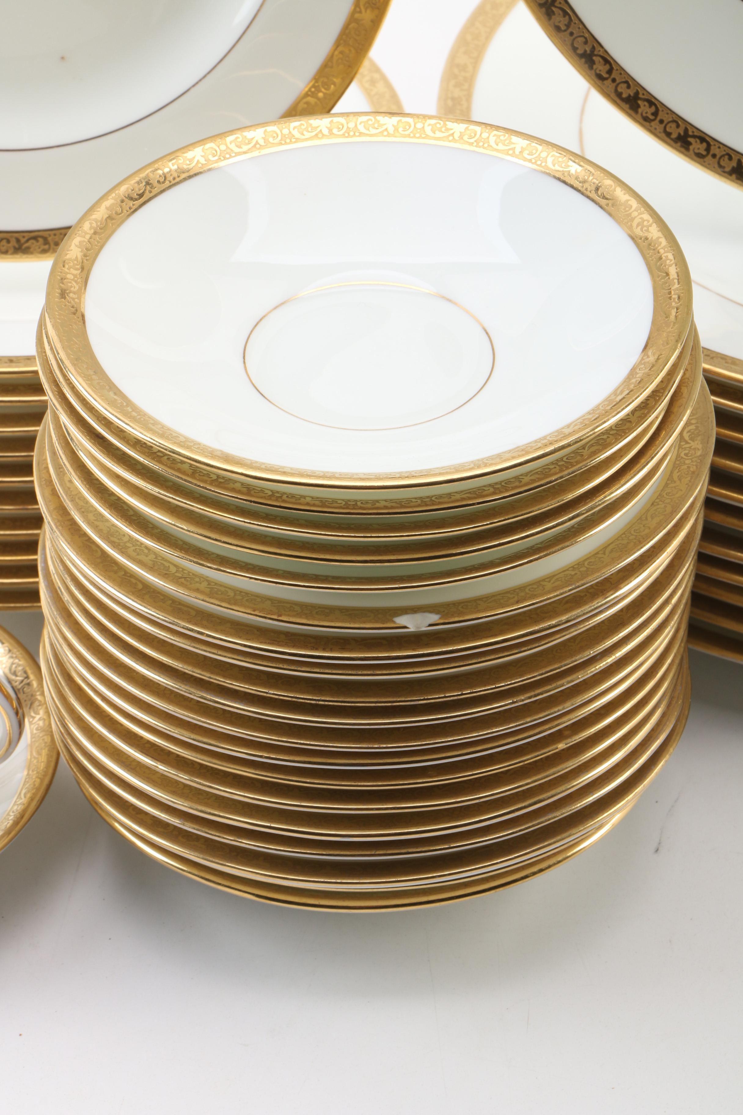 Royal Cauldon for F. Schultze Co. Encrusted Gilt Rim Porcelain Dinnerware