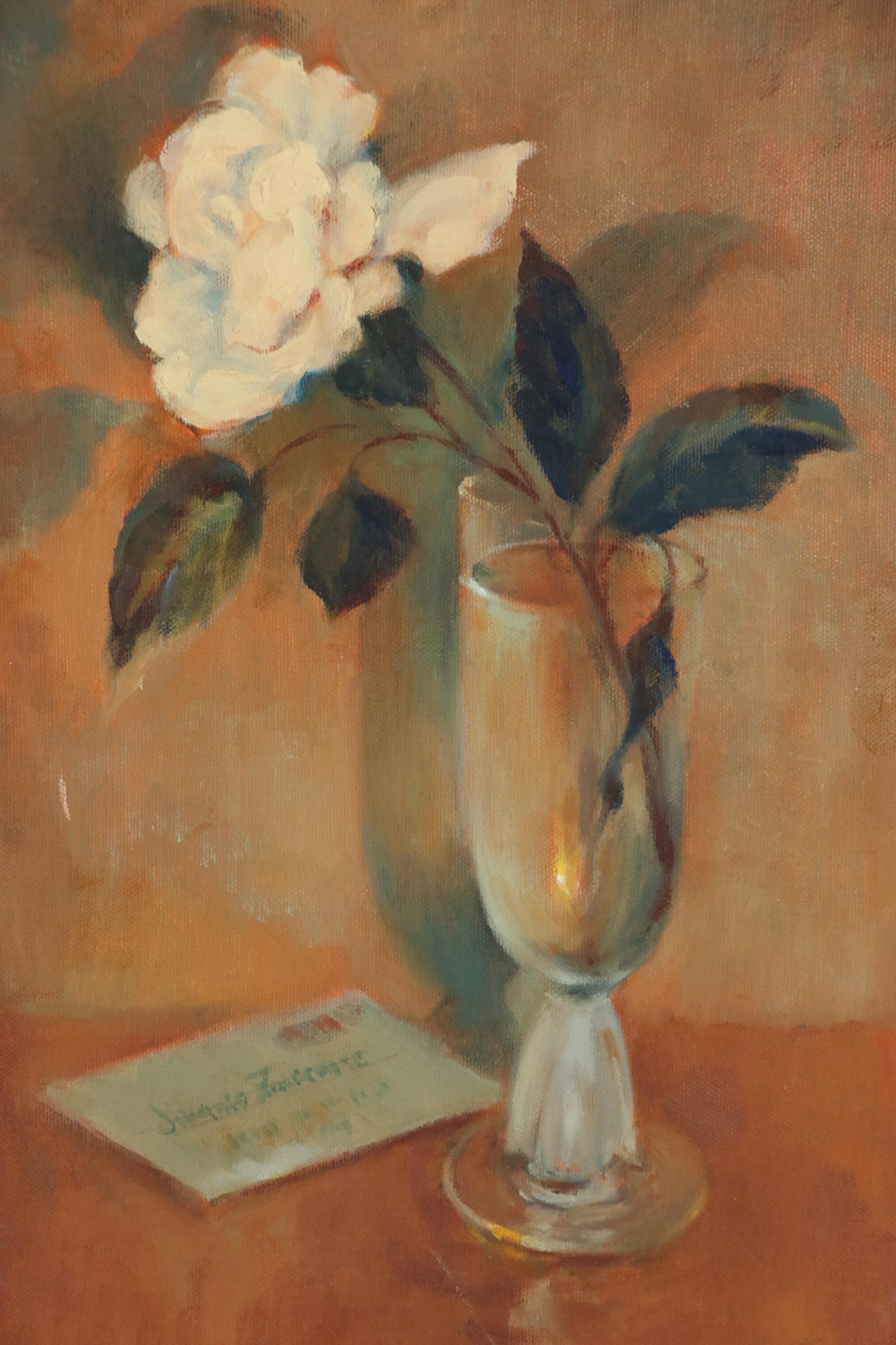 Jacques Zuccaire Still Life Oil Painting of White Carnation, 20th Century