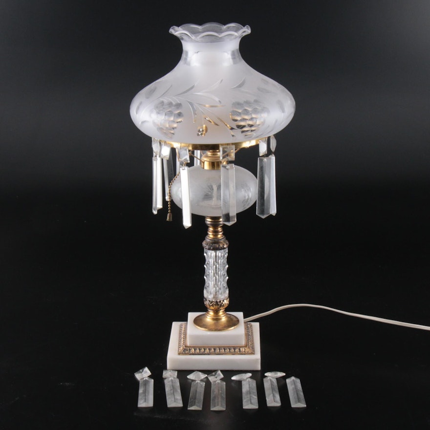 Marble and Etched Glass Table Lamp, Early to Mid 20th Century