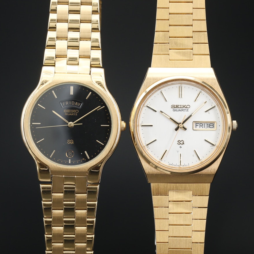 Pair of Seiko Day-Date Gold Tone Quartz Wristwatch
