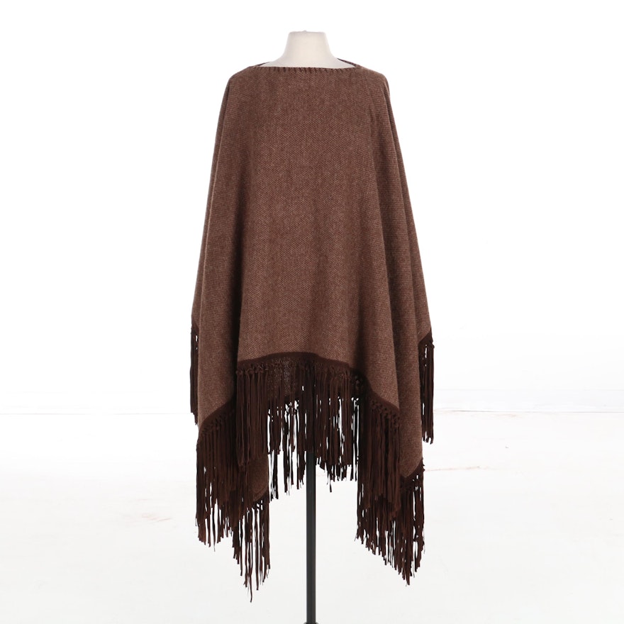 Ralph Lauren Black Label Poncho in Wool/Alpaca Blend Tweed and Suede Fringe