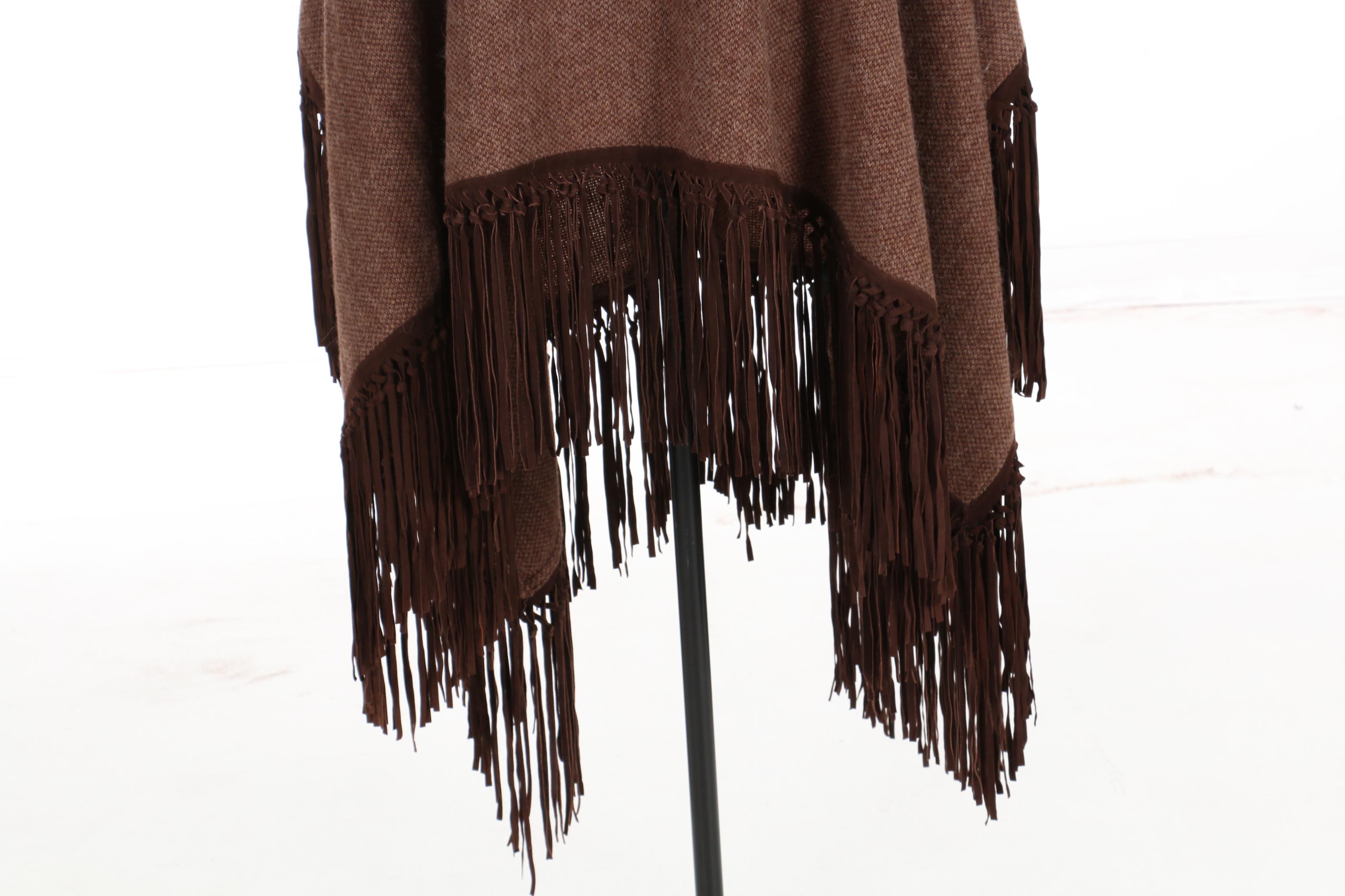 Ralph Lauren Black Label Poncho in Wool/Alpaca Blend Tweed and Suede Fringe