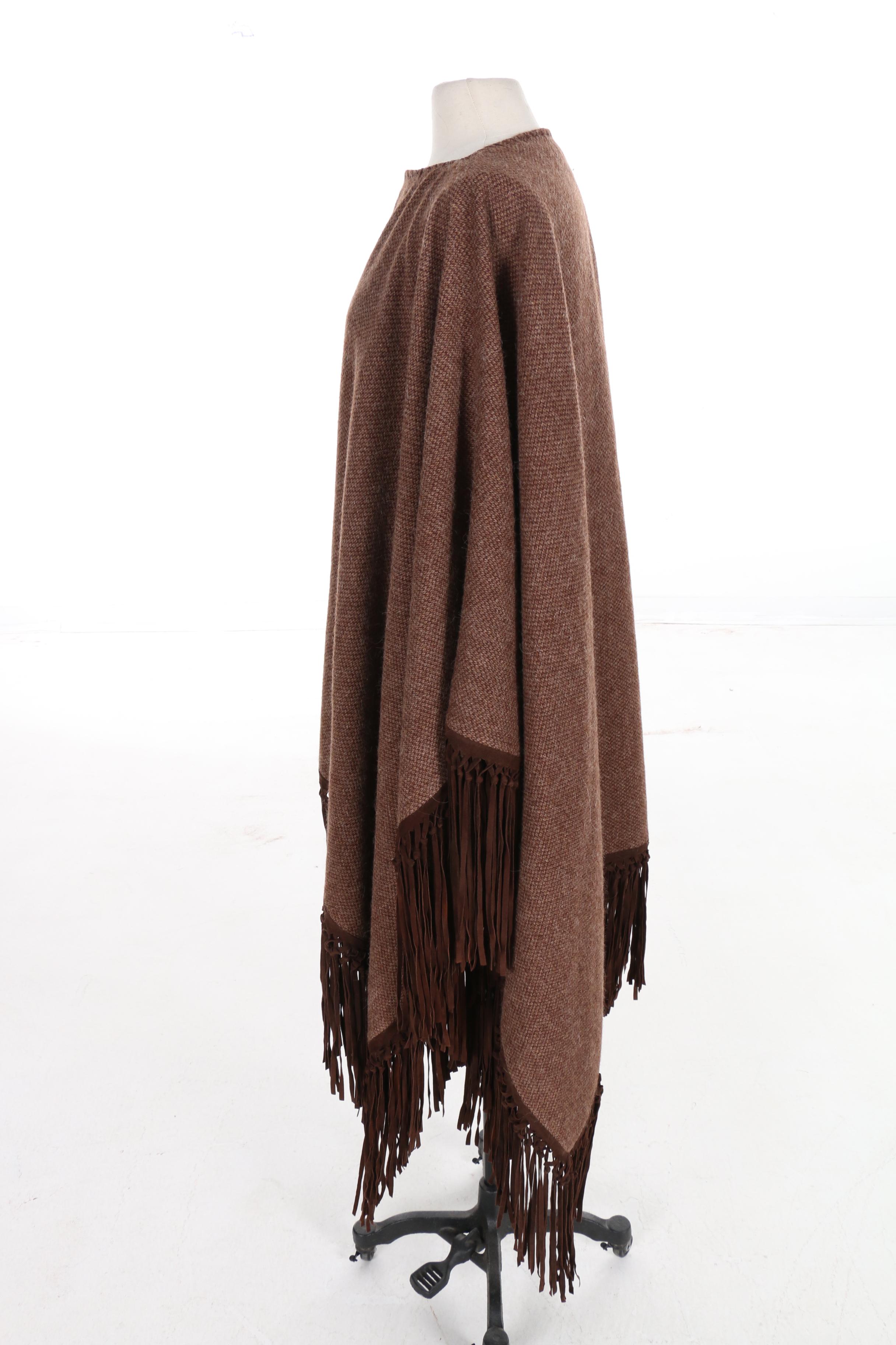 Ralph Lauren Black Label Poncho in Wool/Alpaca Blend Tweed and Suede Fringe