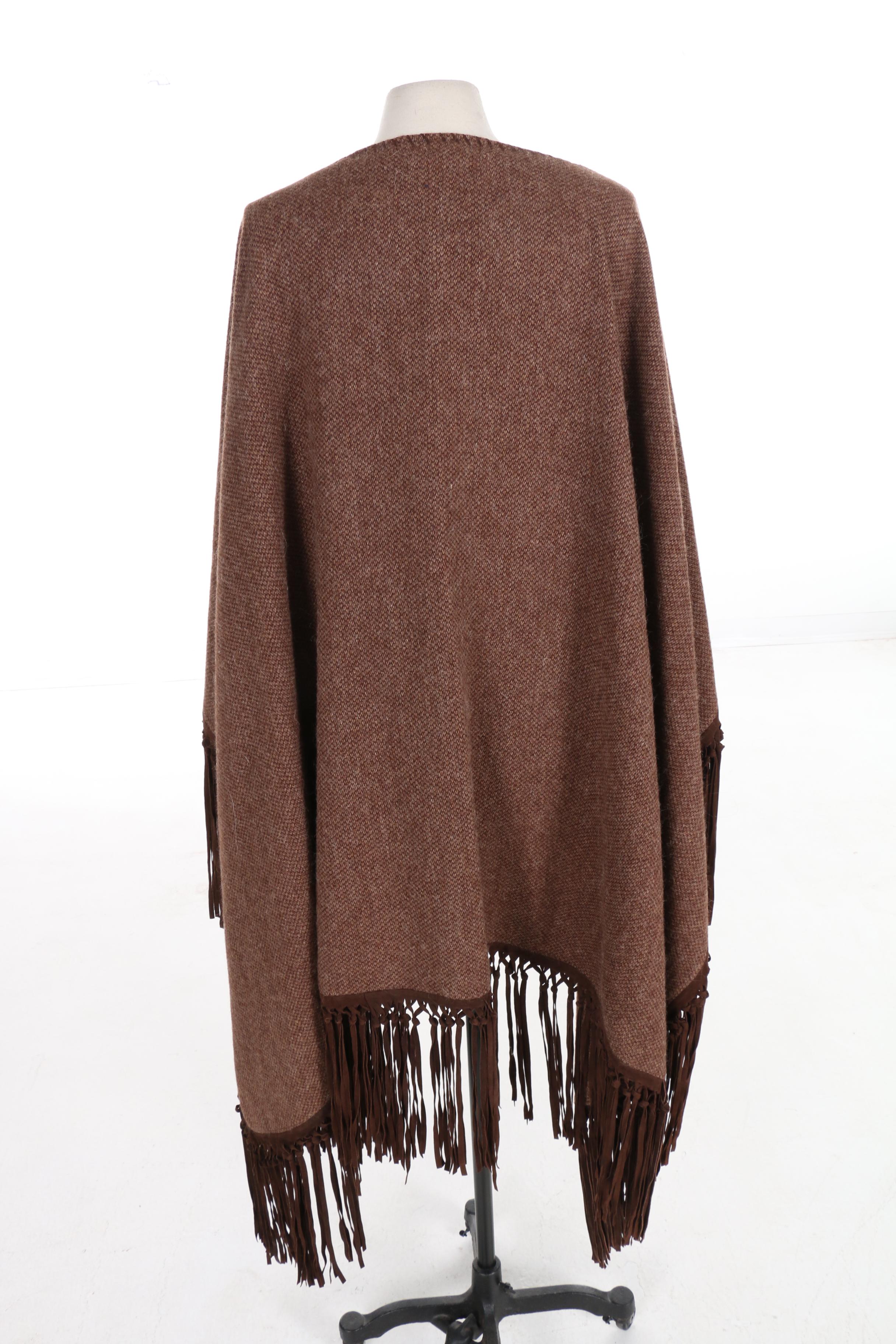 Ralph Lauren Black Label Poncho in Wool/Alpaca Blend Tweed and Suede Fringe