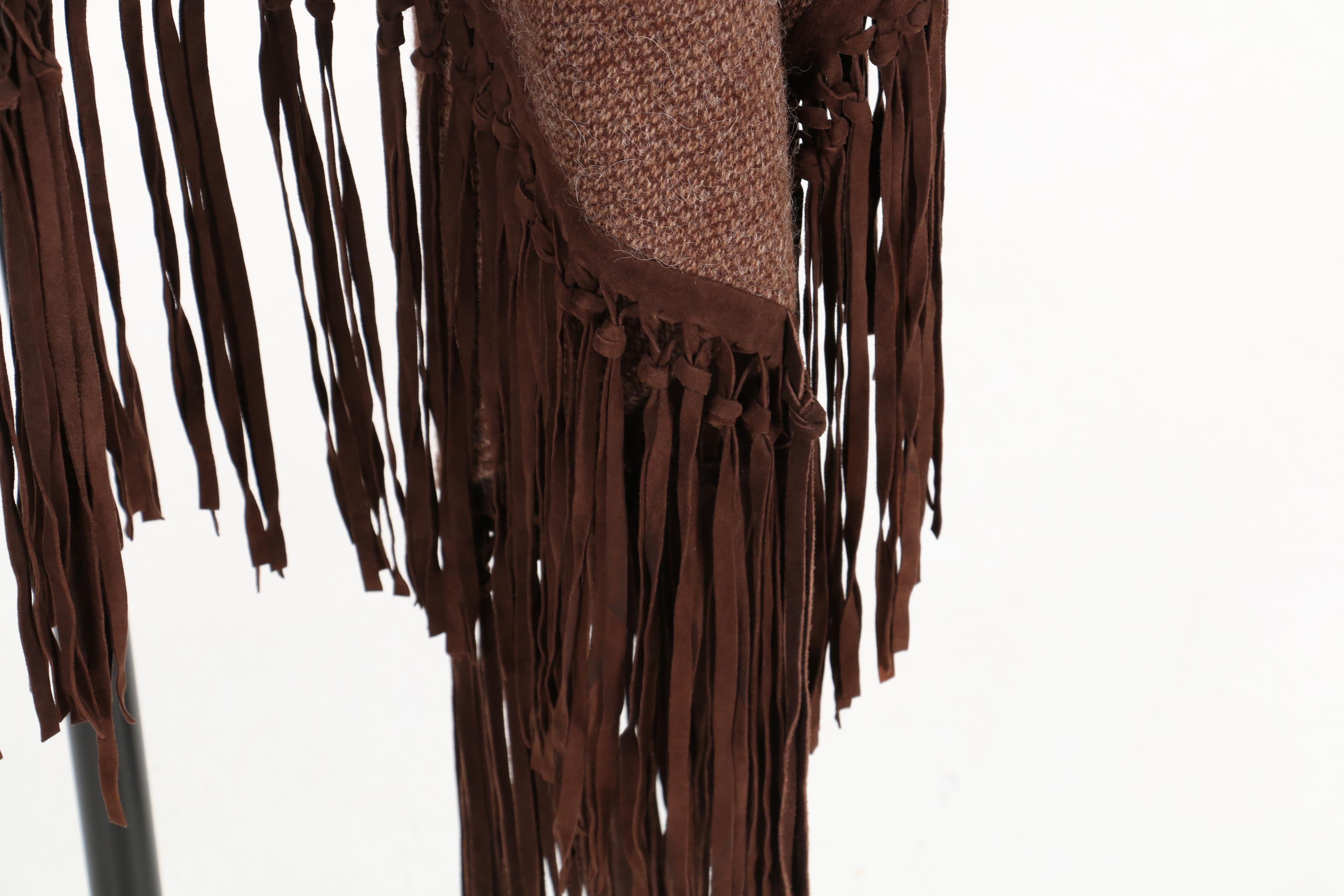 Ralph Lauren Black Label Poncho in Wool/Alpaca Blend Tweed and Suede Fringe